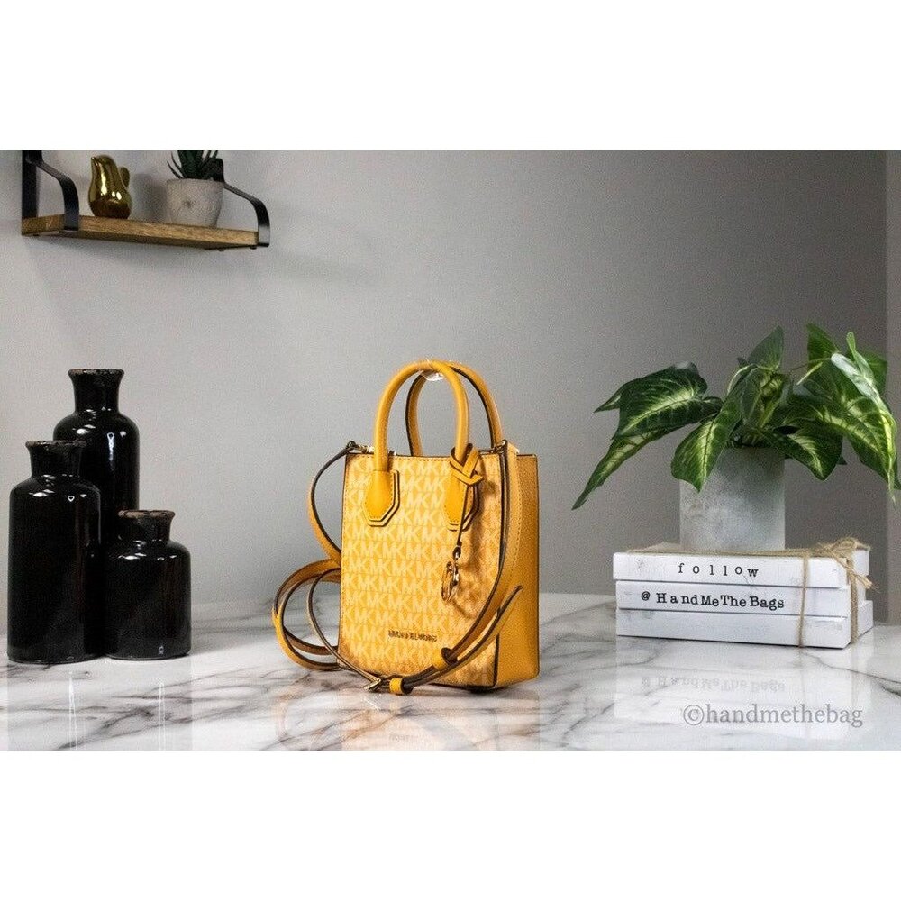 NEW Michael Kors Mercer North South Shopper Crossbody Bag Yellow Signature PVC - Picture 2 of 11